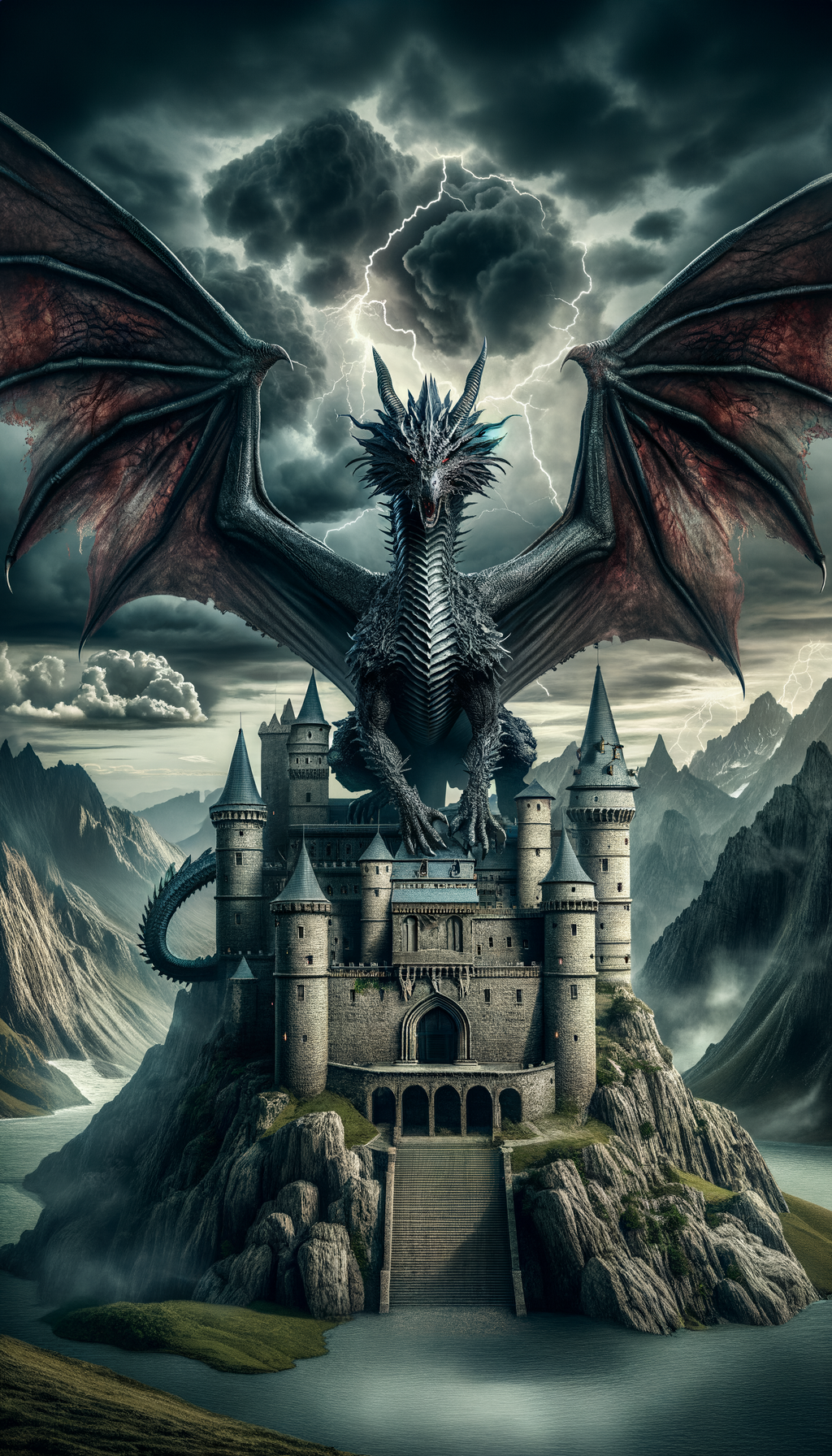 Dragon perched on mountain castle